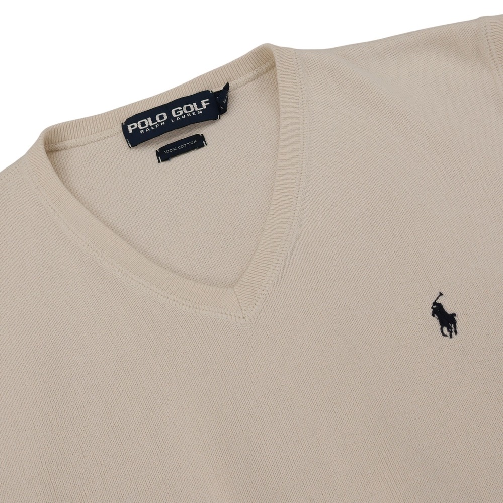 Polo Golf Ralph Lauren Mens Large Cream Beige Cotton V-Neck Sweater Vest Logo